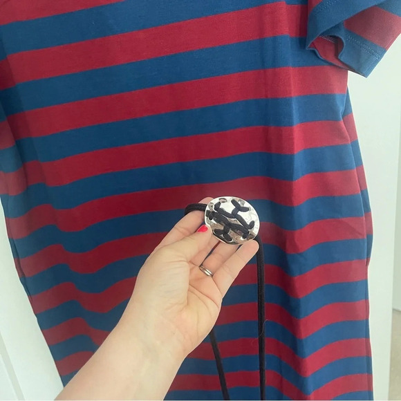 Tory Burch Logo-Belted Striped Midi-Dress Red Navy - Picture 7 of 10